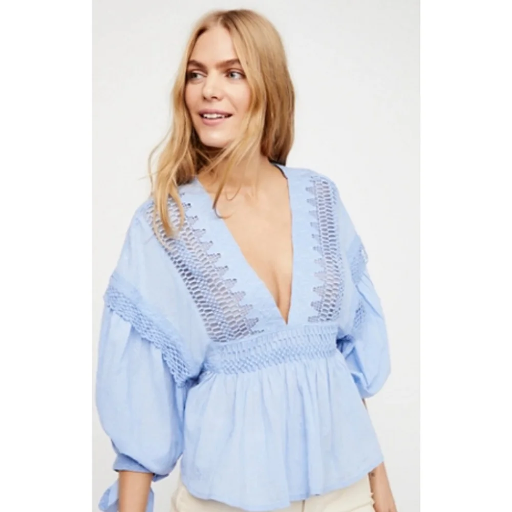 FREE PEOPLE Blue Crochet Peasant Blouse (see measurements)